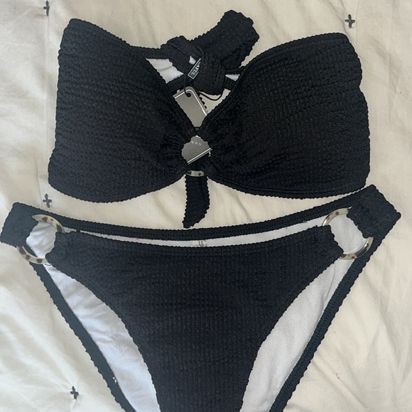 Women's Strapless Ruched Detail High Cut Swimsuit with O-Ring Black - Picture 2 of 3